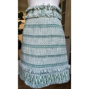 Tory Burch Nora Skirt Size 8 Green White Tweed Fringe Trim Designer Women's